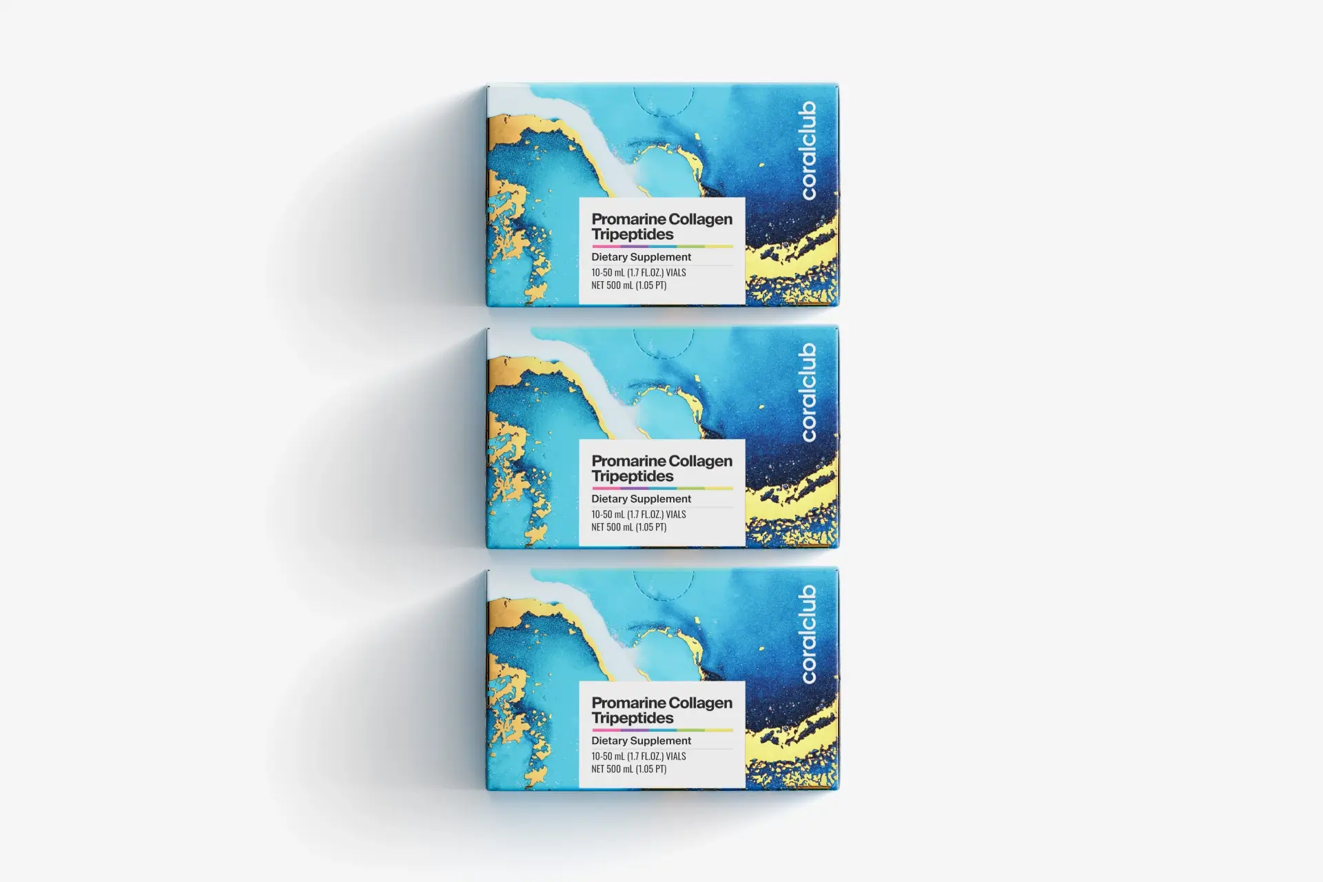 Promarine Collagen Tripeptides – complemento alimenticio con azúcar y edulcorante. 3 envases de 10 viales cada uno. Volumen: 1500 ml (30 х 50 ml).