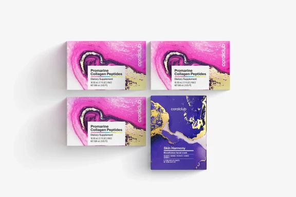 Pack Promarin Collagen Peptides (curso de 1 mes) y mascarillas faciales de biocelulosa Skin Harmony (5 sobres)